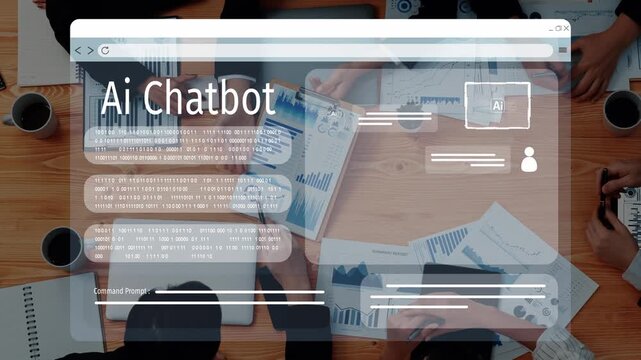 A vibrant scene depicting AI chatbot technology in action, illustrating collaborative teamwork while analyzing data in a modern office setting. Raster