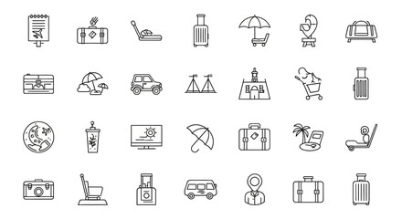 Fototapeta premium Travel icons depicting suitcases and vacation accessories provide a comprehensive set of linear graphics for tourism and hospitality branding.