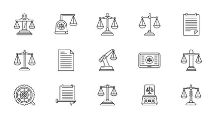 Fototapeta premium Scales of justice icons represent legal proceedings, court documents, and judicial balance in a professional set for law firms and legal services.