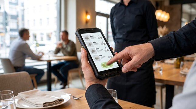 Point of sale screen in restaurant, waiter taking order on tablet, digital menu in cafe, customer hand payment