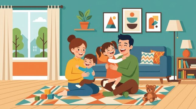 Family Playing at Home Happy Parents and Children Together