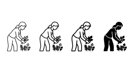 Fototapeta premium Gardening Icons Set: Woman Planting, Cultivating, Harvesting. Simple Line Art & Silhouette Styles