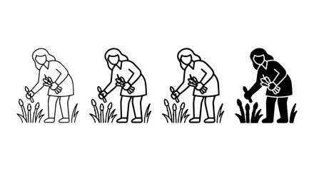Fototapeta premium Gardening Woman Icon Set, Four Styles: Outline, Silhouette, Filled, Line Art Vector Graphics