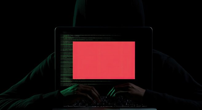 Hooded figure types on a laptop displaying a red screen with green code