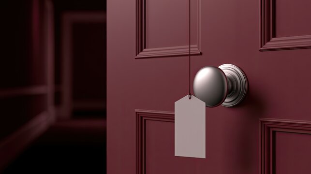 A crimson door with a blank tag hanging from the ornate knob
