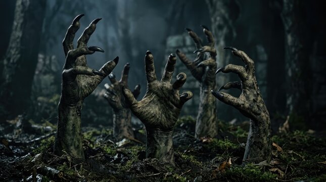 Scary zombie hands reaching out from the dark ground in a forest