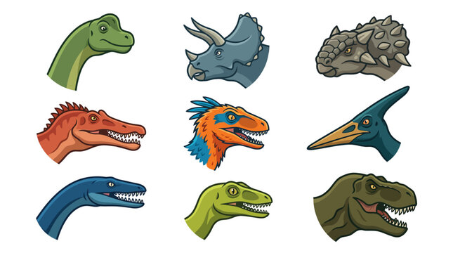 Colorful dinosaur head profile portraits.