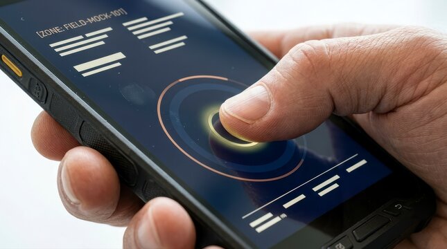 Finger touch smartphone screen mobile app interface close up hand digital control biometric scan technology concept user interaction touch input