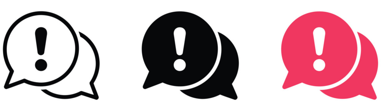 Exclamation mark chat icon displaying warning speech bubble sign and important message symbol for notifications, support, messaging, and digital interface, vector