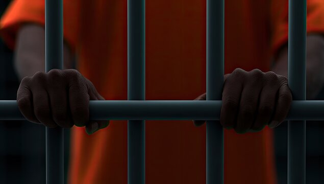 Person in orange jumpsuit holds prison bars with hands