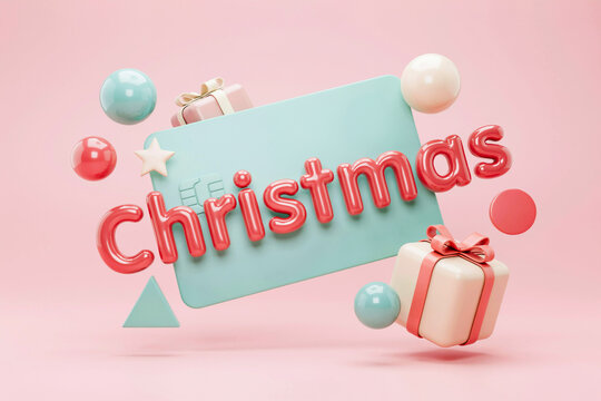 Modern 3D Floating Christmas Gift Card Mockup on Pink and Mint Green Pastel Background, Creative Holiday Retail Concept