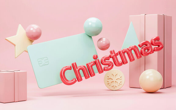 Modern 3D Floating Christmas Gift Card Mockup on Pink and Mint Green Pastel Background, Creative Holiday Retail Concept