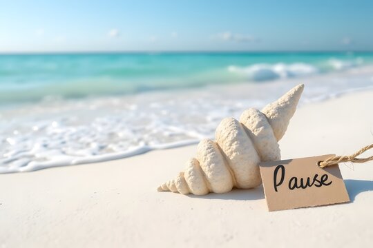 Pause mit Muschel am wei&szlig;en Sandstrand und Meer