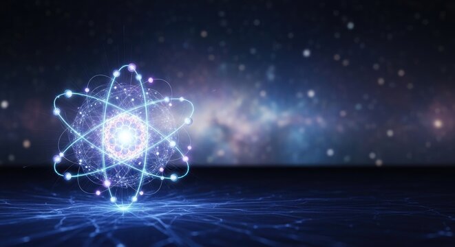 A glowing atom model floats on a dark, futuristic platform. The atom&rsquo;s nucleus is a bright, central point surrounded by orbiting electrons represented by blue lines.