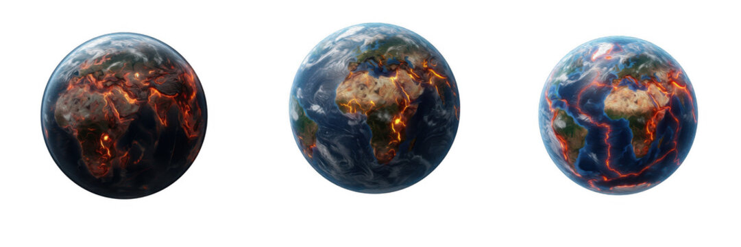 3D Globes Showing Tectonic Plates and Magma Fault Lines Isolated on White Background, Earth Science Concepts, Geology Design Assets, Planet Rendering, and Global Geography Elements