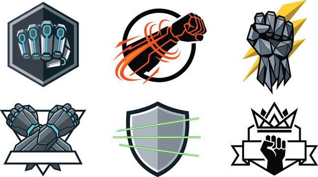 Cyberpunk gaming esports logo badge set featuring geometric low poly cybernetic fist icons robotic armor shield lightning bolt and blank crown ribbon banners