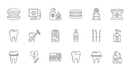 Fototapeta premium Dentistry icons represent a comprehensive collection of dental care tools and oral health procedures for professional medical use.