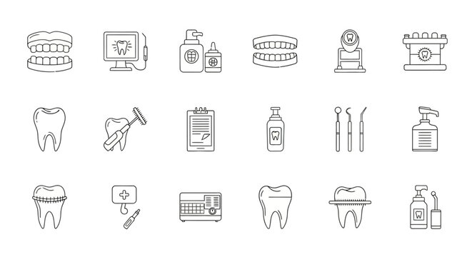 Dentistry icons represent a comprehensive collection of dental care tools and oral health procedures for professional medical use.