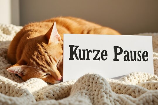 Pause Schild neben schlafender Katze im Bett