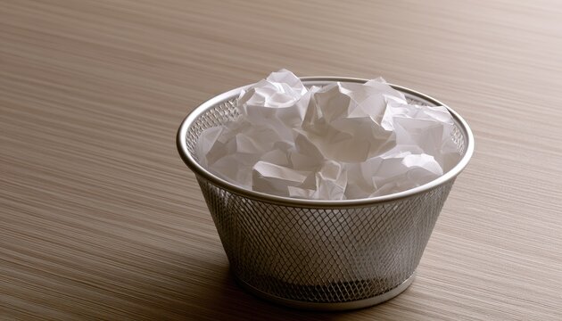 Crumpled paper fills a metal mesh bin on a light wooden surface