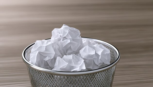 Crumpled white paper fills a shiny metal wastebasket against a blurred wooden background