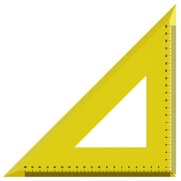 Yellow plastic triangle set square ruler with scale standing flat in smooth 3D illustration isolated on transparent background for back to school stationery supplies, math geometry concept.