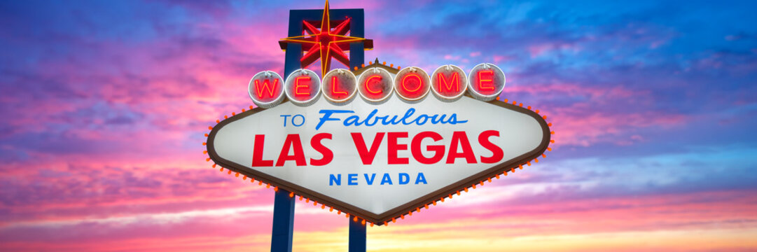Welcome to Fabulous Las Vegas Sign. Logo Removed. The beautiful Sunset sky in the background. Las Vegas, Nevada, USA 05/05/2026