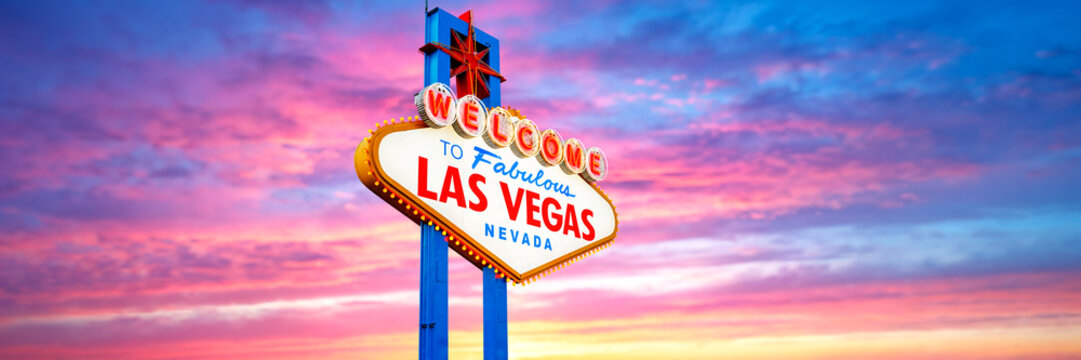 Welcome to Fabulous Las Vegas Sign. Logo Removed. The beautiful Sunset sky in the background. Las Vegas, Nevada, USA 05/05/2026