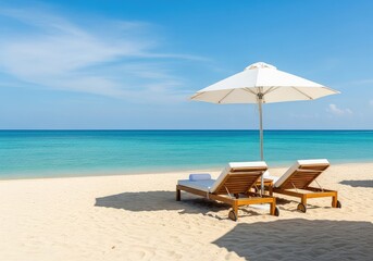 Fototapeta premium High-end resort featuring elegant white sun umbrellas and comfortable loungers on a pristine sandy beach facing a calm turquoise ocean, luxury, shoreline, comfort
