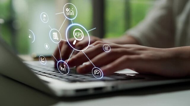 KPI icons show performance metrics, goals, and achievement measurement. KPI helps business track progress, KPI supports management, and KPI improves strategy results. Funnel