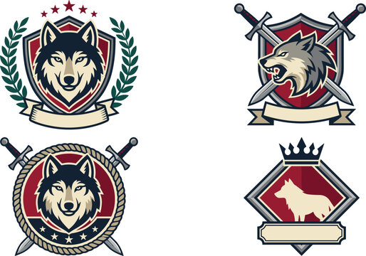 Wolf mascot esports gaming logo badge set with retro vector emblems of predator wolves crossed medieval swords crown stars and blank ribbon banners