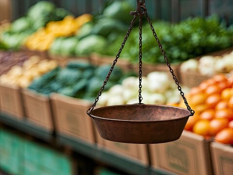 Vintage copper scale hangs in front of fresh produce at an outdoor market