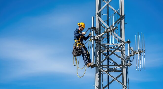 Industrial safety gear and harness are used for specialized maintenance on a high altitude signal antenna tower against a clear blue sky, infrastructure, summit, steel