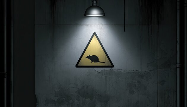 Illuminated warning sign with a rodent silhouette on a grungy wall
