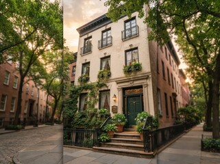 Fototapeta premium White brick townhouse entrance with vines and front planters