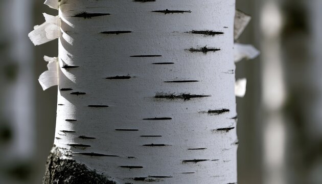 Close-up of white birch tree bark with dark horizontal markings and peeling texture