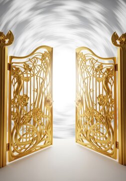 Majestic golden gates swing open to reveal a radiant white light amidst soft white clouds, symbolizing a peaceful transition to the afterlife, transcendence, peace, portal