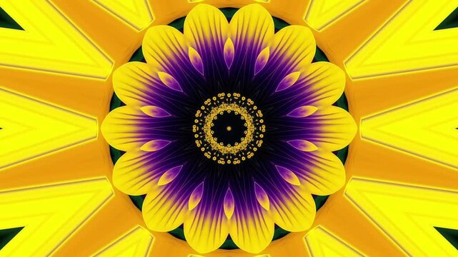 Yellow and purple kaleidoscope floral mandala pattern looping seamlessly. Nature background aesthetic