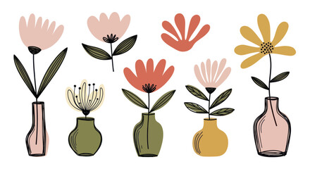 Collection of various stylized flowers in different vases, minimalist floral art. © Welas