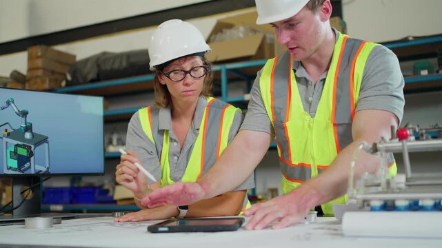 Engineers review technical blueprints and digital manufacturing models in a modern factory. 