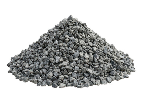 Pile of grey gravel isolated on white. Crushed stone heap for construction industry.