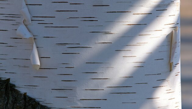 Close-up of peeling white birch bark with horizontal dark markings and dappled sunlight