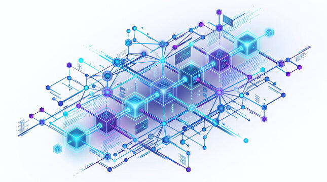 3D isometric vector illustration of blockchain network nodes and connected glowing cubes, representing smart contracts, cryptocurrency, decentralized data, and fintech security.