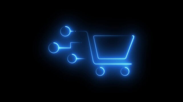 Neon Shopping Cart Icon Animation &ndash; Glowing Retail Basket Line Symbol on Black Background, Loop Motion Graphics, 4K Alpha Channel