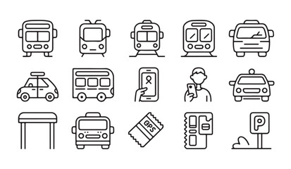 Public transportation icons set with buses trains taxis and digital travel booking tools in thin line style. © MD.RAHIM