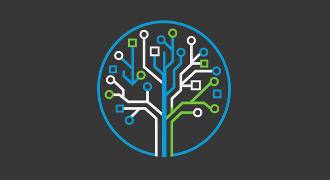 Digital circuit board tree icon in circular frame.