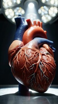 Anatomical heart model under bright surgical lights in a medical operating room for cardiology and science education