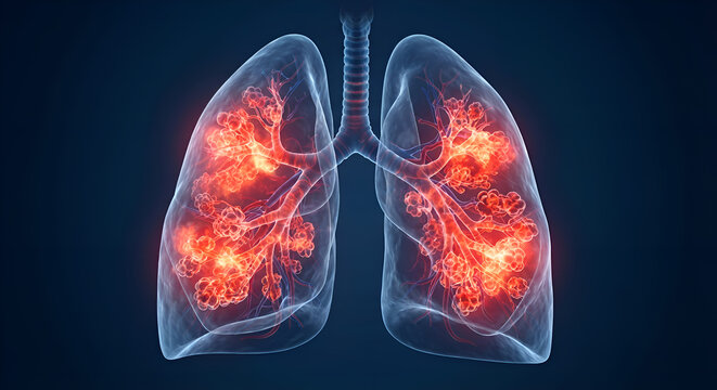 transparent human lungs highlighting the bronchi, bronchioles, alveoli, pulmonary arteries, and trachea