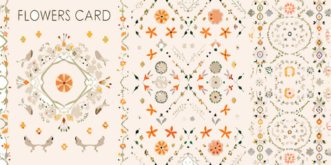 floral card with vintage style ornate frame flower design botanical art patterned illustration symmetry decorative greeting hand drawn pastel colors ornamental pattern artistic graphic © Titul