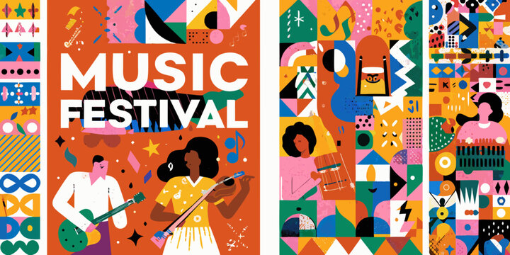 music festival posters colorful vector illustration musicians guitar violin instruments people event celebration artwork design graphic pattern shapes icons abstract vibrant festive entertainment